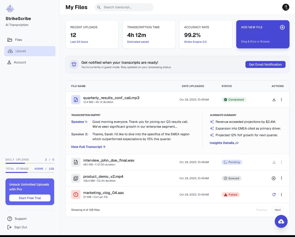 StrikeScribe files dashboard with transcripts, AI insights, and status tracking